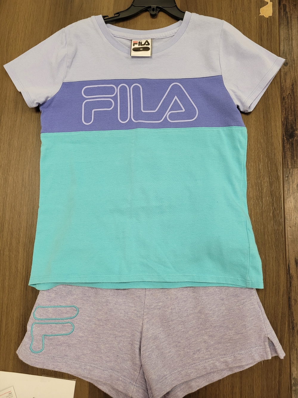 FILA Pastel Colorblock Tee & Shorts Set in Lavender, Aqua, Purple